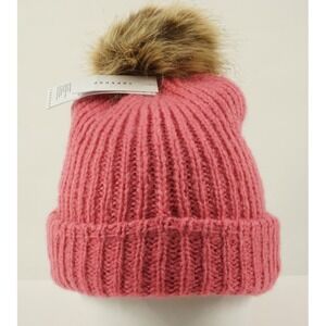 New Topshop Women's One Size Chunky Rib Knit Pink Faux Fur Beanie Hat